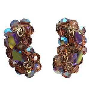 Smoky Topaz, Rootbeer AB Rhinestone Beaded Brass Cap Kidney Shape Clip Earrings